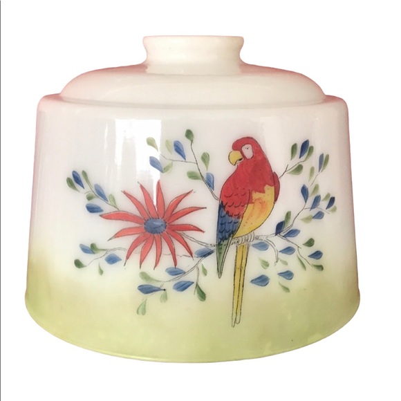 Vtg Hand Painted Parakeets Frosted Glass Ceiling Light Globe - Picture 1 of 9